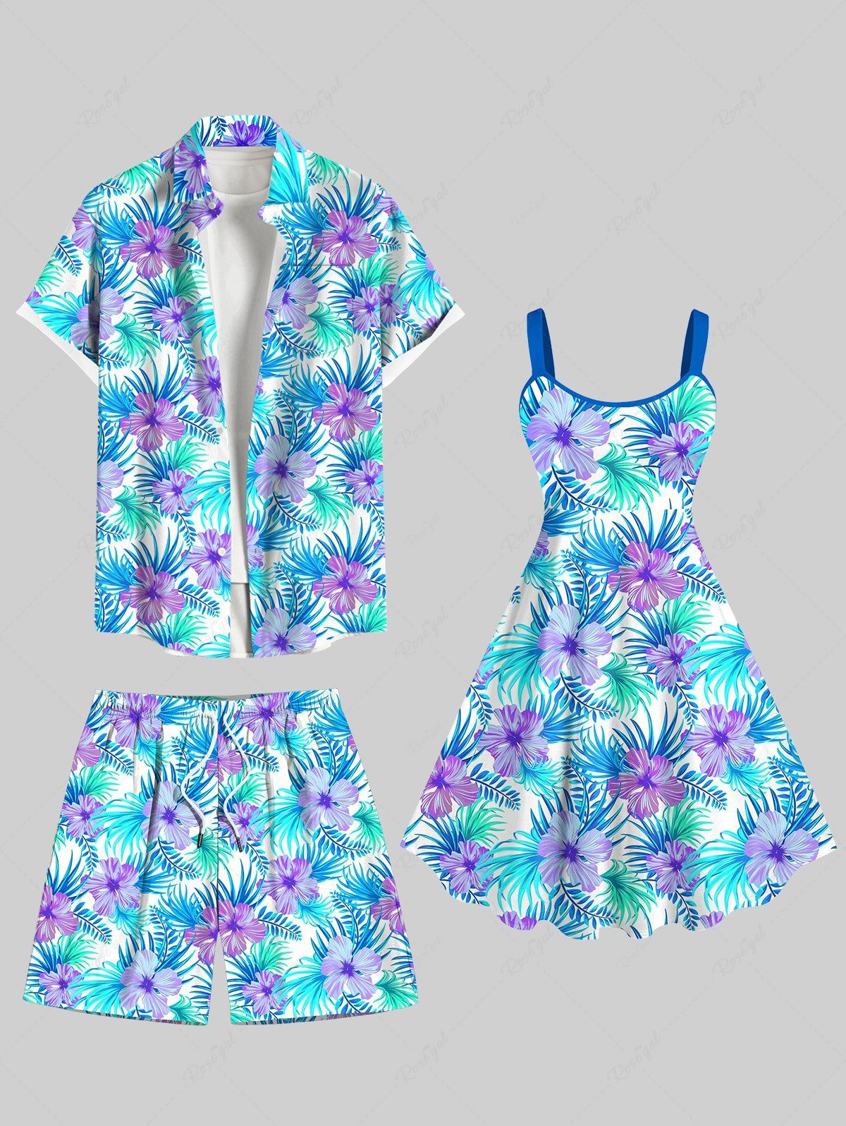 Tenue de plage hawaïenne assortie grande taille à imprimé fleurs et feuilles de palmier pour couples Bleu clair 