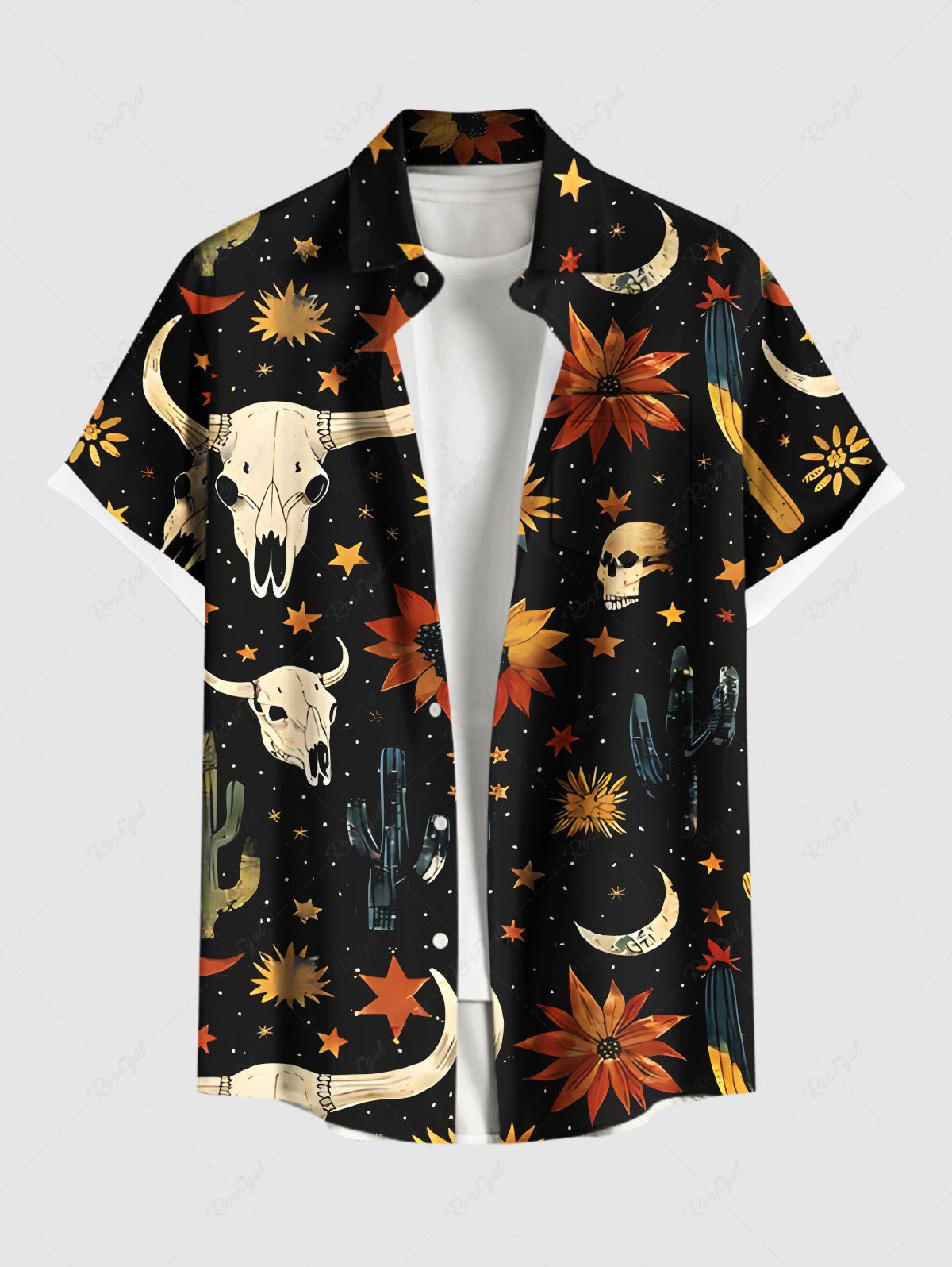 Sale Plus Size Skull Flower Moon Star Bull Head Cactus Print Hawaii Western Cowboy Style Button Pocket Shirt For Men  