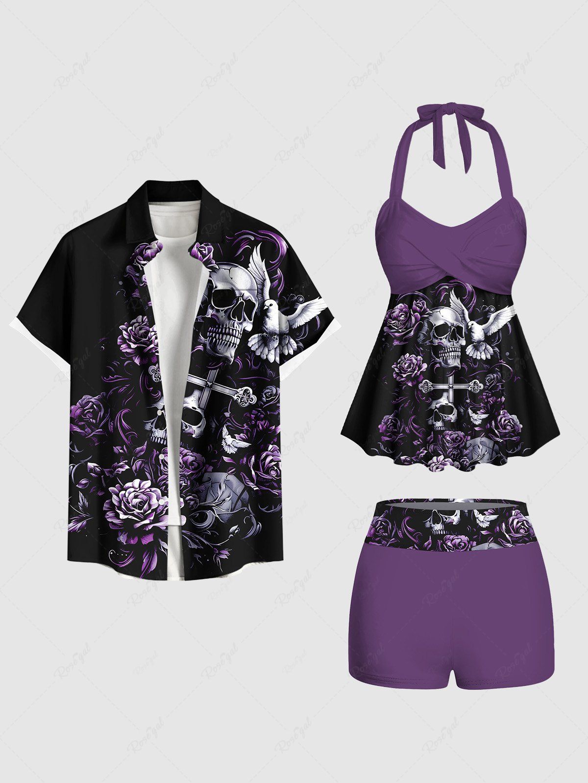 Discount Rose Flower Skull Cross Bird Print Shirt Swimsuit Plus Size Matching Outfit For Couples  