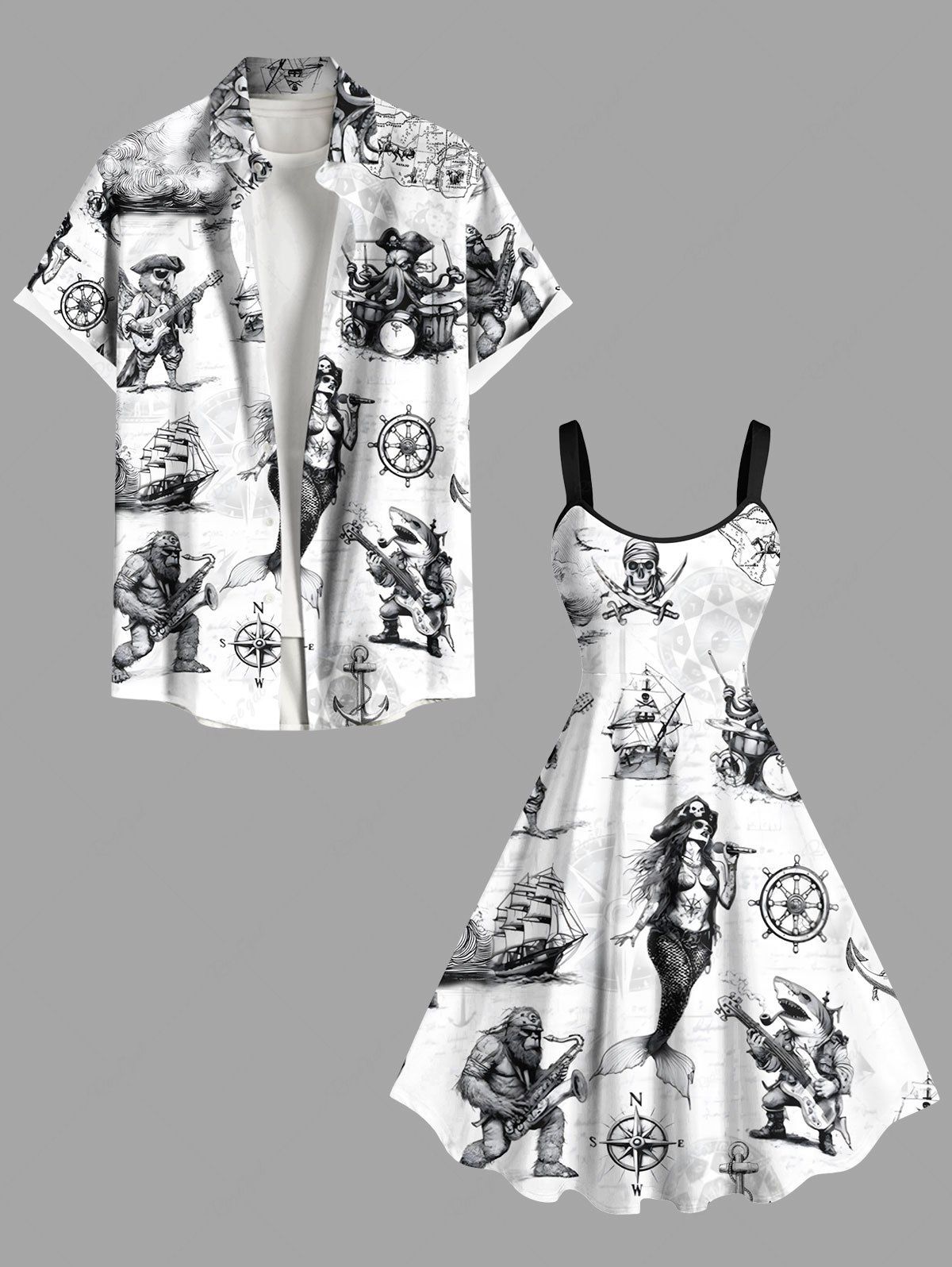 Online Skull Pirate Mermaid Ship Rudder Cruise Print Plus Size Matching Hawaii Beach Outfit For Couples  