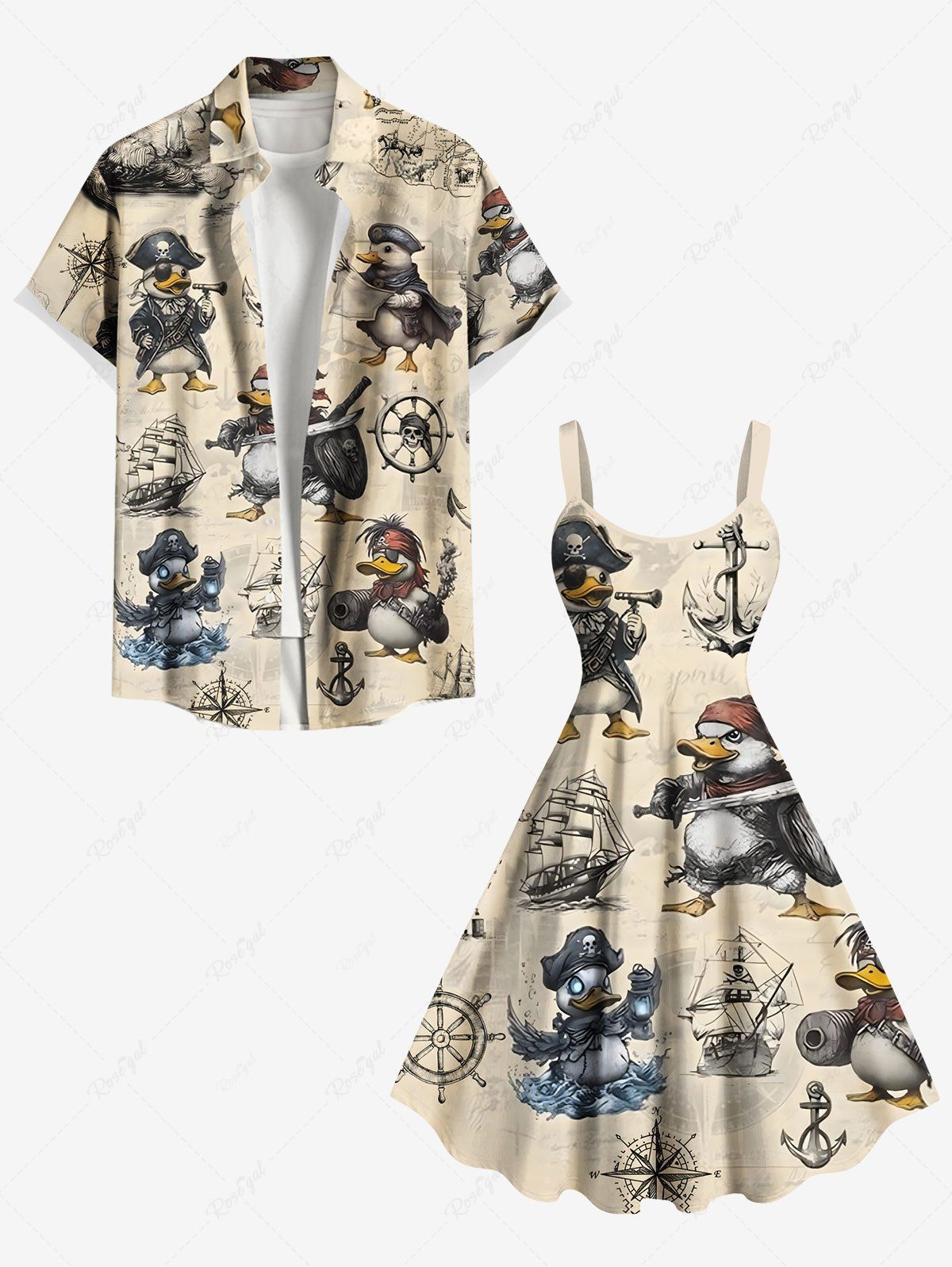 Outfit Duck Pirate Anchor Ship Rudder Print Plus Size Matching Hawaii Beach Outfit For Couples  
