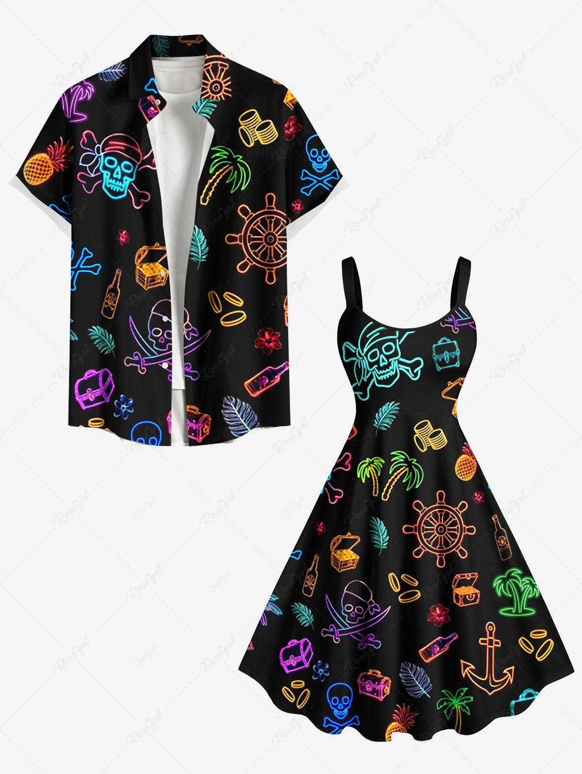 Tenue de plage hawaïenne assortie grande taille avec imprimé tête de mort et ananas pirate et gouvernail de bateau pour couples Noir 