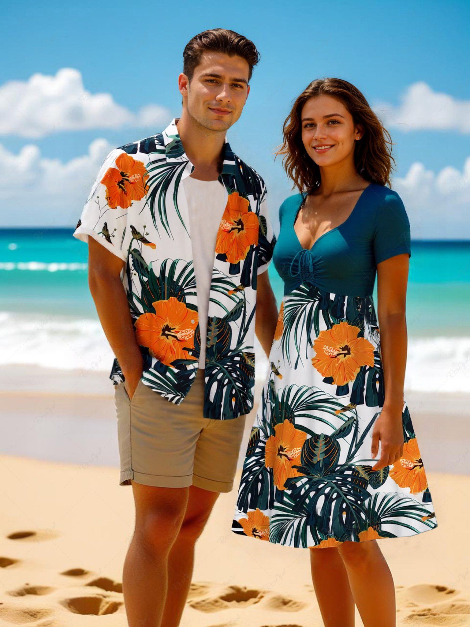 Tenue de plage hawaïenne assortie grande taille à imprimé feuilles tropicales et fleurs d'hibiscus pour couples Vert 
