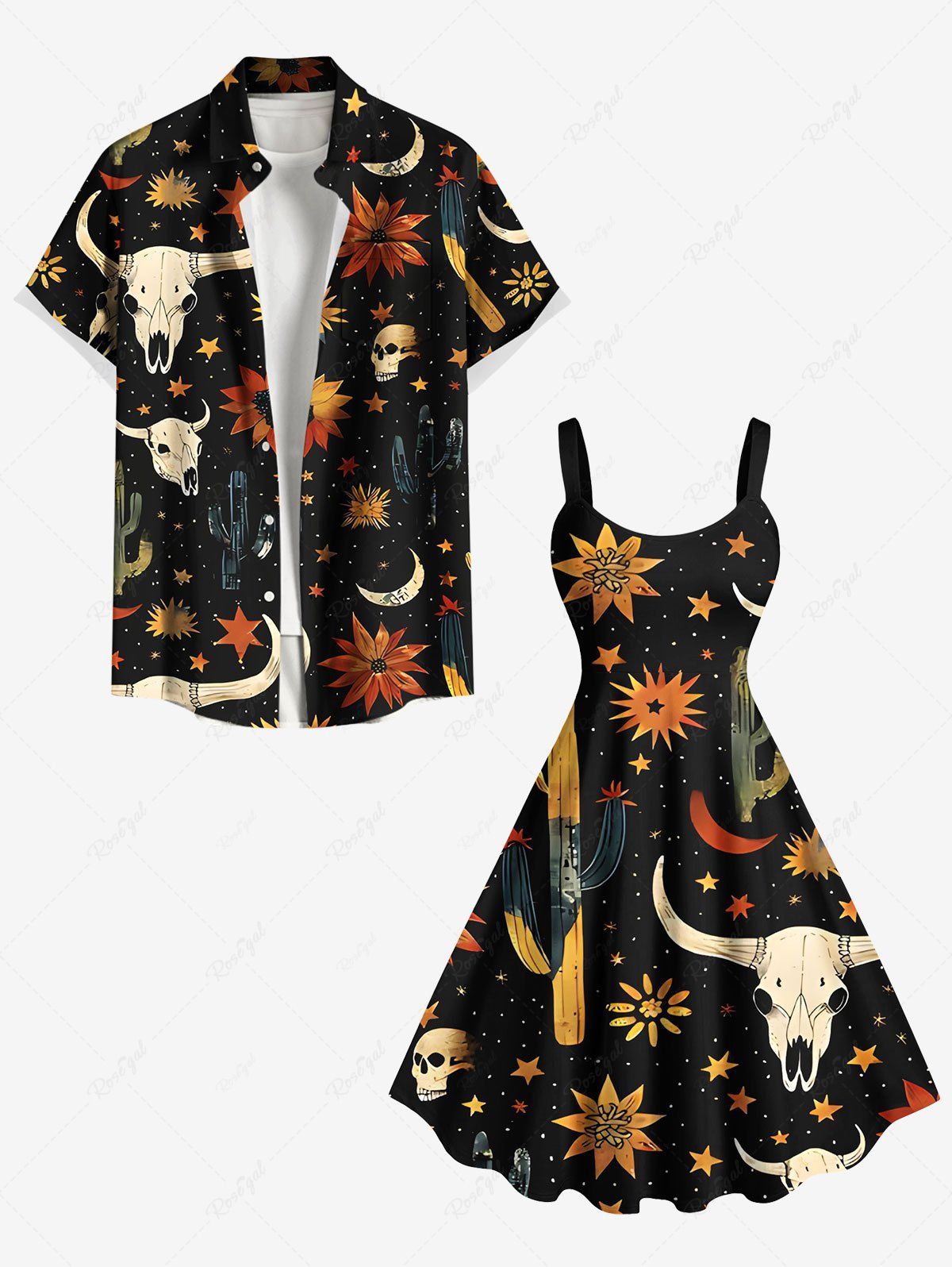 Sale Skull Flower Moon Cactus Print Western Cowboy Style Plus Size Matching Outfit For Couples  