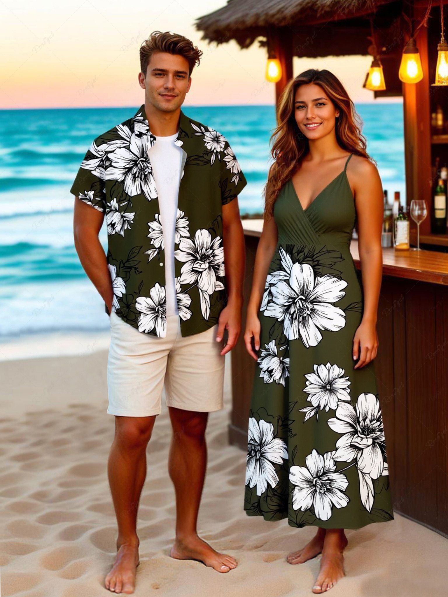 Tenue de plage hawaïenne assortie grande taille à imprimé fleurs et feuilles pour couples Vert profond 