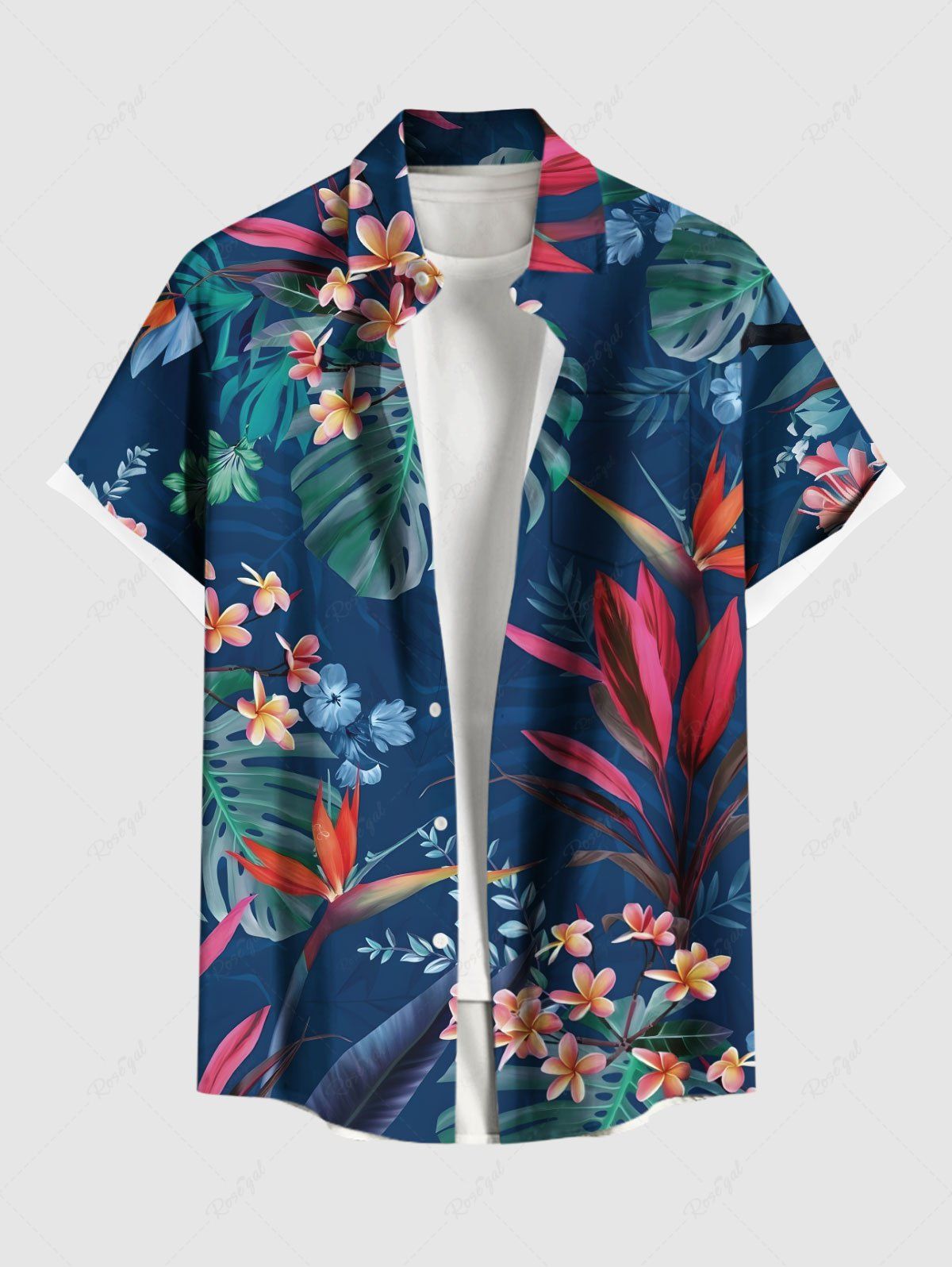 Chemise hawaïenne grande taille à imprimé feuilles tropicales et fleurs d'hibiscus pour homme Bleu 4XL