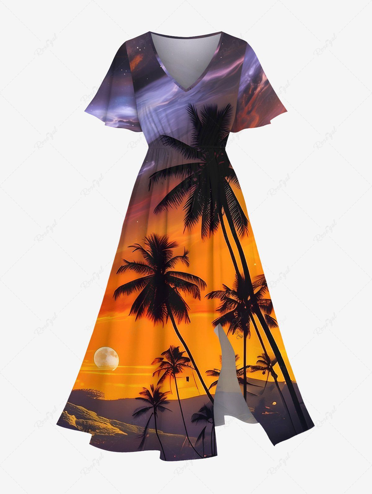 Fancy Plus Size Coconut Tree Sunset Galaxy Print Hawaii Split Pocket A Line Midi Dress  