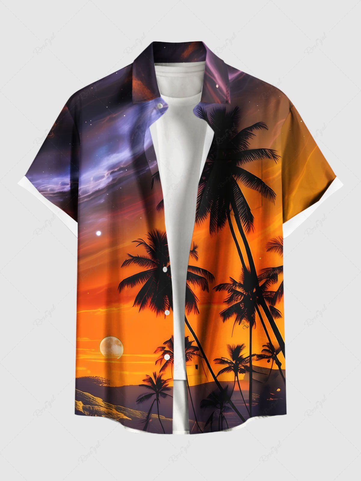Store Plus Size Coconut Tree Sunset Galaxy Print Hawaii Button Pocket Shirt For Men  
