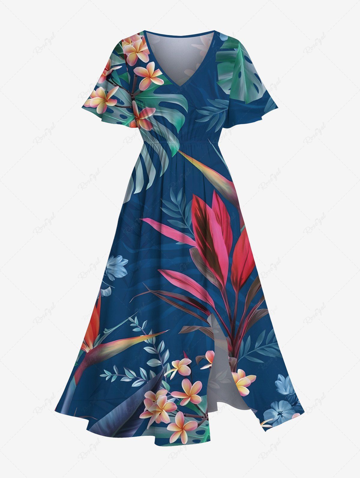 Unique Plus Size Tropical Leaf Hibiscus Flower Print Hawaii Split Pocket A Line Midi Dress  