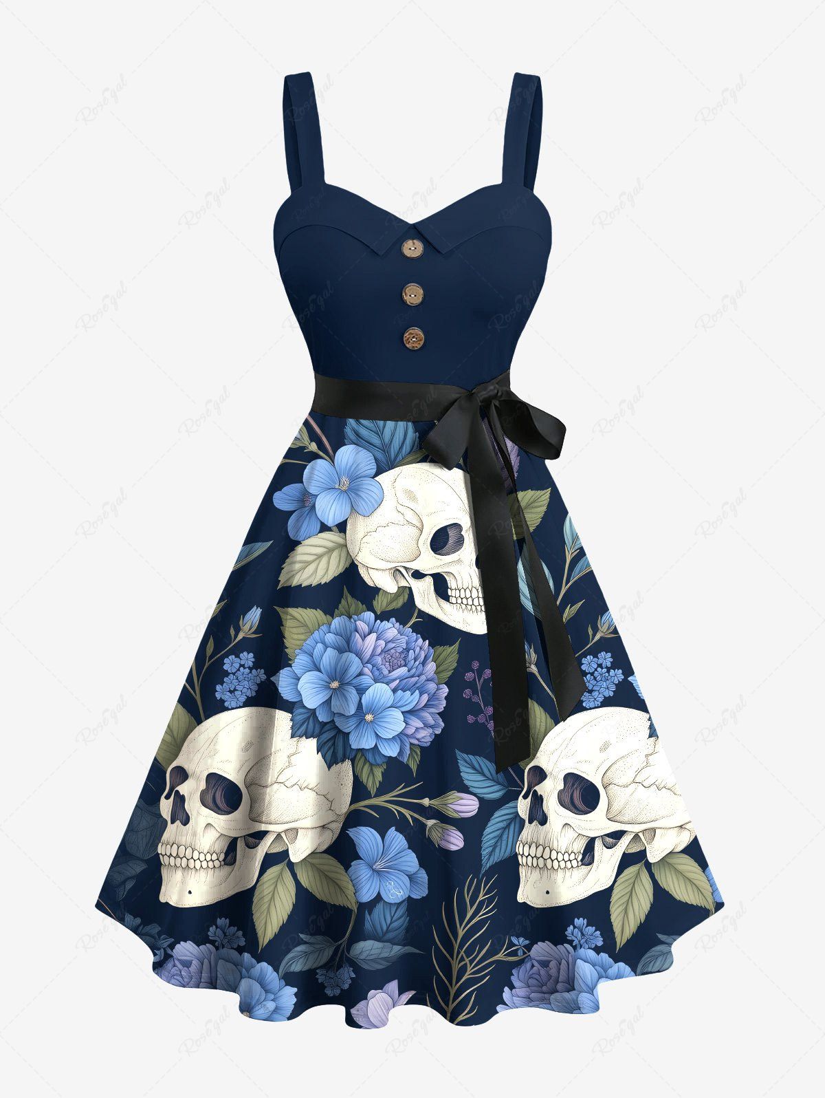 Sale Plus Size Skull Flower Leaf Branch Print Button A Line Dress with Removable Belt  