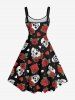 Plus Size Rose Flower Leaf Skull Heart Print A Line Tank Dress -  