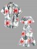 Robe mi-longue hawaïenne fendue grande taille à imprimé cocotier, feuilles tropicales et fleurs d'hibiscus - Blanc L
