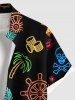 Plus Size Coconut Tree Skull Pirate Pineapple Ship Rudder Print Buttons Pocket Hawaii Shirt For Men -  
