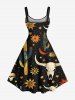 Robe débardeur trapèze grande taille à imprimé tête de mort, fleur, lune, étoile, tête de taureau, cactus, style cowboy hawaïen occidental - Noir 1X