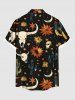 Plus Size Skull Flower Moon Star Bull Head Cactus Print Hawaii Western Cowboy Style Button Pocket Shirt For Men -  