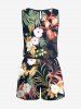 Plus Size Tropical Leaf Hibiscus Flower Print Hawaii Drawstring Pocket Romper -  