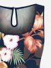 Plus Size Tropical Leaf Hibiscus Flower Print Hawaii Drawstring Pocket Romper -  