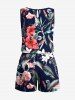 Plus Size Tropical Leaf Hibiscus Flower Print Hawaii Drawstring Pocket Romper - Noir 6X