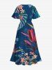 Plus Size Tropical Leaf Hibiscus Flower Print Hawaii Split Pocket A Line Midi Dress -  