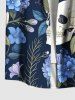 Plus Size Skull Flower Leaf Branch Print Hawaii Button Pocket Shirt For Men -  