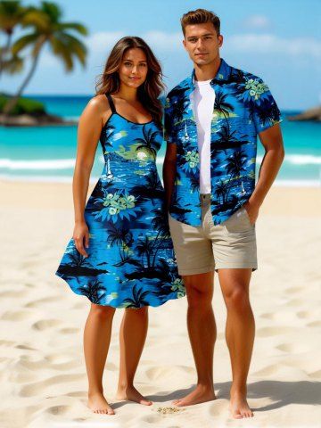 Coconut Tree Hibiscus Flower Seascape Print Plus Size Matching Hawaii Beach Outfit For Couples - SKY BLUE
