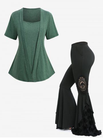 Marled V Cut Patchwork 2 in 1 Top and Skulls Mesh Flocking Appliques Flare Pants Plus Size Outfit - GREEN