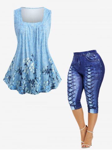 Floral Branch Print Textured Tank Top and 3D Lace Up Jean Printed Capri Leggings Plus Size Outfit - BLUE