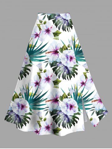 Plus Size Hibiscus Flowers Tropical Leaf Print Split Hawaii Skirt - WHITE - 5X