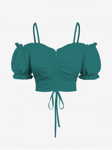 Plus Size Cinched Ruched Ruffles Cold Shoulder Cami Top - GREEN - 2X