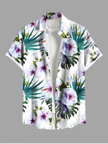 Plus Size Hibiscus Flowers Tropical Leaf Print Buttons Pocket Hawaii Shirt For Men - WHITE - 5XL