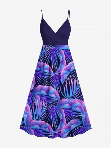 Plus Size Tropical Leaf Print Surplice Hawaii Cami Dress - PURPLE - 5X