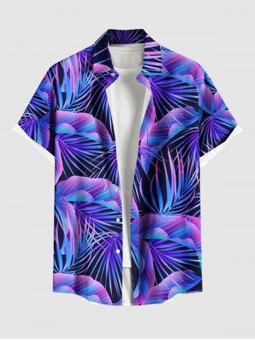 Plus Size Tropical Leaf Print Buttons Pocket Hawaii Shirt For Men - PURPLE - 6XL