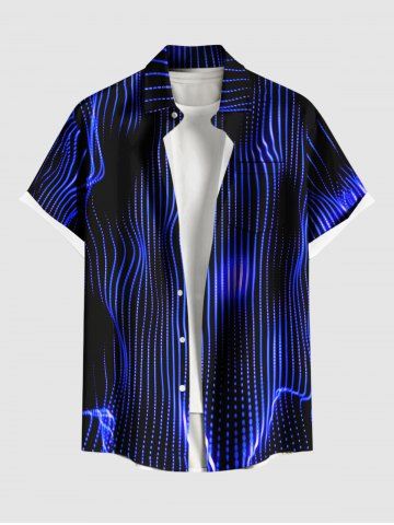 Plus Size Aurora Art Geometric Stripes Neon Print Buttons Pocket Shirt For Men - DEEP BLUE - 6XL