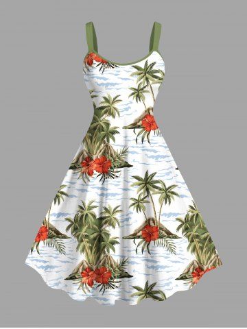 Plus Size Coconut Tree Hibiscus Flower Sea Waves Print Hawaii Tank Dress - WHITE - L