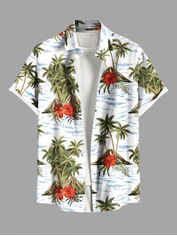 Plus Size Coconut Tree Hibiscus Flower Sea Waves Print Buttons Pocket Hawaii Shirt For Men - WHITE - 5XL