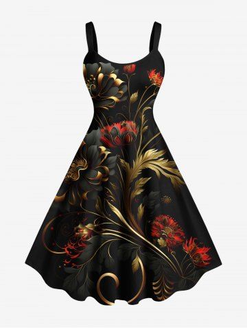 Plus Size Flowers Leaf Metallic Print Hawaii Tank Dress - BLACK - 4X
