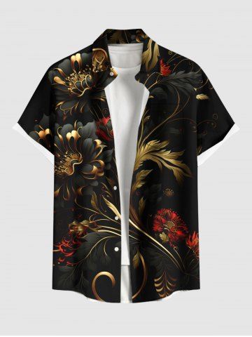Plus Size Flowers Leaf Metallic Print Buttons Pocket Hawaii Shirt For Men - BLACK - 5XL