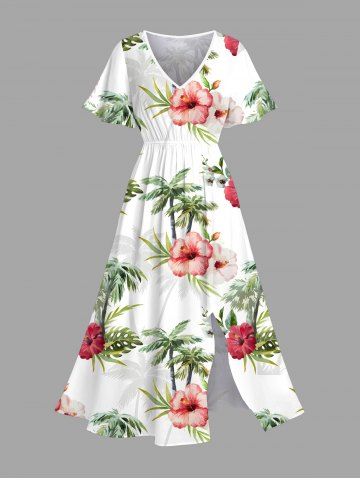Plus Size Hibiscus Flowers Leaf Tropical Print Split Hawaii Midi Dress - WHITE - 2X