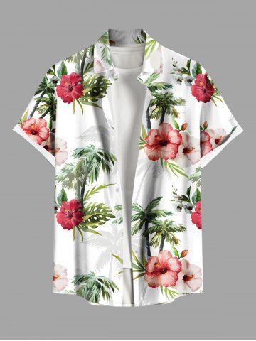 Plus Size Hibiscus Flowers Leaf Tropical Print Buttons Pocket Hawaii Shirt For Men - WHITE - 6XL
