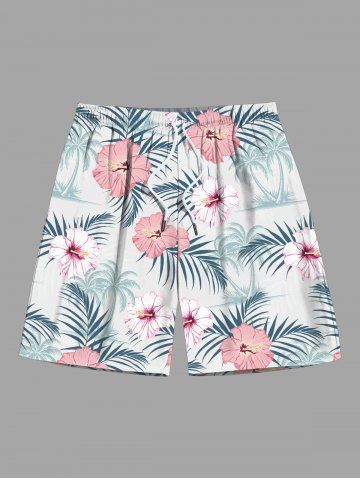 Plus Size Tropical Leaf Hibiscus Flowers Coconut Tree Print Hawaii Beach Shorts For Men - LIGHT BLUE - 8XL