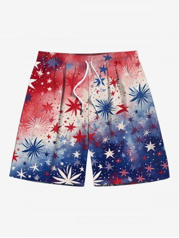 Plus Size Fireworks Stars Ombre Watercolor Print Drawstring Beach Shorts For Men - BLUE - 8XL