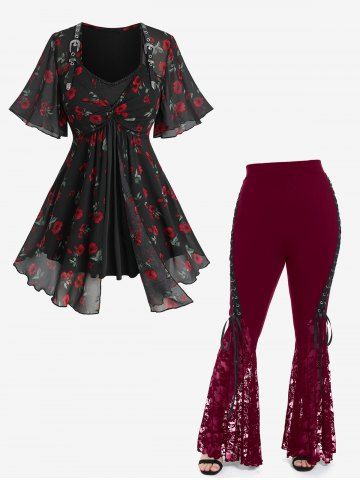 Flower Leaf Print Twist 2 in 1 Blouse and Lace Panel Flare Pants with Lace-up Plus Size Outfit - BLACK