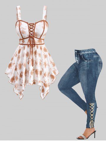 Ombre Flower Graphic Lace Up Top and 3D Distressed Denim Print Leggings Plus Size Outfit - WHITE