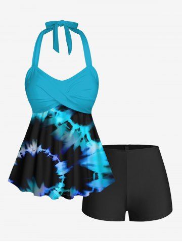 Ombre Spiral Tie Dye Print Twist Halter Backless Tankini Top and Swim Bottom Hawaii Plus Size Matching Set - SKY BLUE