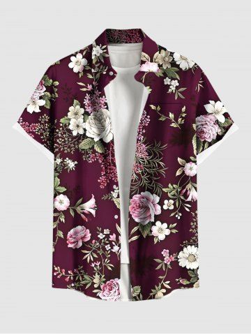 Plus Size Flower Leaf Branch Print Hawaii Button Pocket Shirt For Men - DEEP RED - 5XL