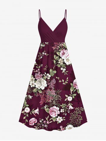 Plus Size Flower Leaf Branch Print Hawaii Surplice A Line Cami Dress - DEEP RED - 5X