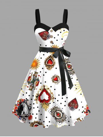 Plus Size Poker Heart Sun Spotted Print Hawaii Button A Line Dress with Removable Belt - WHITE - XS