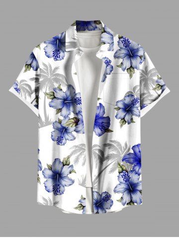 Plus Size Coconut Tree Hibiscus Flower Leaf Print Hawaii Button Pocket Shirt For Men - WHITE - L