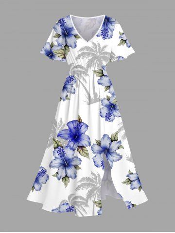 Plus Size Coconut Tree Hibiscus Flower Leaf Print Hawaii Split Pocket A Line Midi Dress - WHITE - XXS