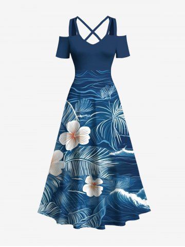 Plus Size Tropical Leaf Hibiscus Flower Sea Print Hawaii Cold Shoulder Crisscross A Line Maxi Dress - SKY BLUE - XXS